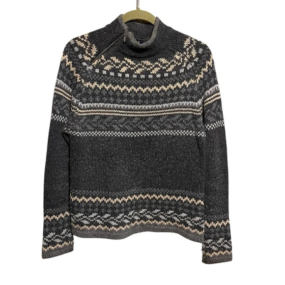 Vintage Women's S Sweater Fair Isle Wool Blend Mock Neck Zipper Cozy Grey - Picture 1 of 6